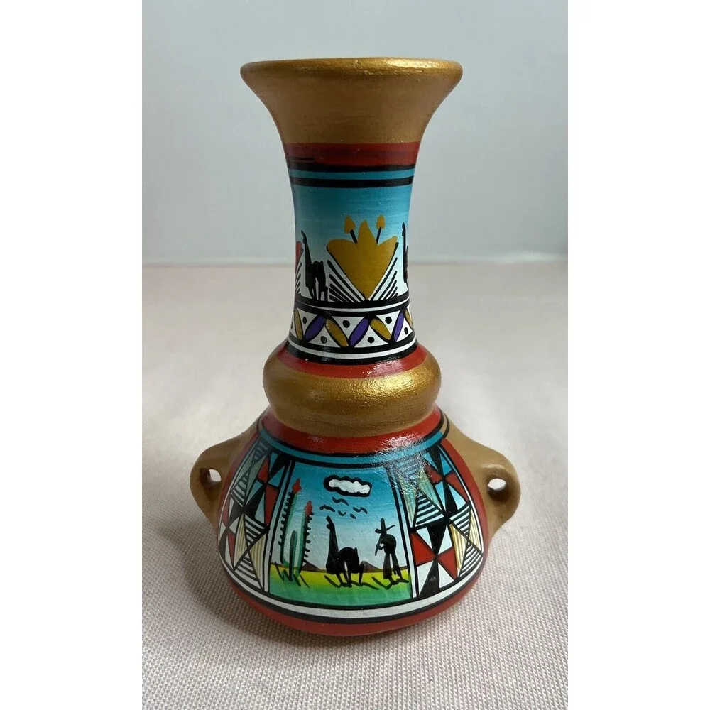 Terracotta Pottery Vase Hand Painted Colorful  5” Tall